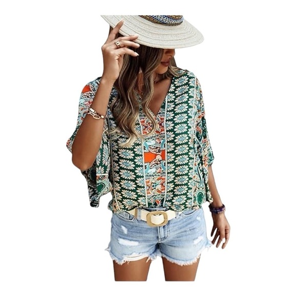 CUPSHE Women's Floral V Neck Button Front Bell Sleeve Blouse Top XL - Picture 1 of 13